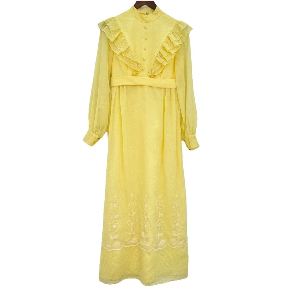VTG 70's Cottage Core Handmade Swiss Dot Embroided Long Sleeve Prairie Dress Sz6